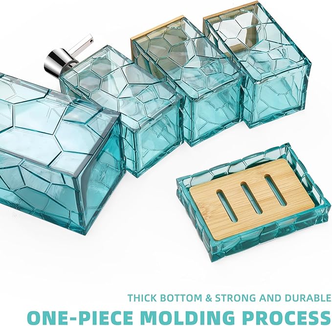 Teal Blue Beach Bathroom Accessories Set, Toothbrush Holder, Soap Dispenser, Cotton Swabs Holder, Soap Dish, Toilet Brush with Holder, Boho Bamboo Bathroom Decor,Acrylic (Teal)