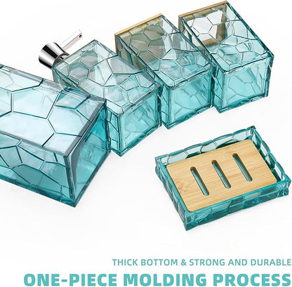 Teal Blue Beach Bathroom Accessories Set, Toothbrush Holder, Soap Dispenser, Cotton Swabs Holder, Soap Dish, Toilet Brush with Holder, Boho Bamboo Bathroom Decor,Acrylic (Teal)