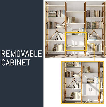 Triple 5 Tier Bookshelf, Industrial Large Bookcase with Storage Cabinet, Tall Gold Bookshelf with 14 Open Display Shelves Metal Frame Furniture for Living Room Bedroom Home Office Gold & White