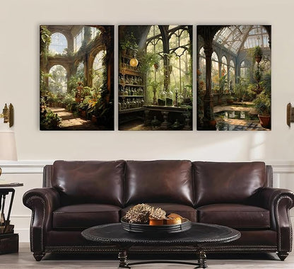 3pcs Framed William Morris Green Plants Canvas Wall Art Medieval Castle Posters Prints Gothictalian Landscape Painting Pictures Paintings Wall Decor for Living Room Bathroom Bedroom Decoration