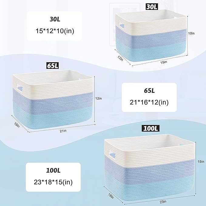 Blanket Basket,Rectangle Woven Baskets for Storage,100L Laundry Basket for Decorative Nursery Blanket,Toys,Dirty Clothes and Magazine in Shelves,Baby Room,and Living Room