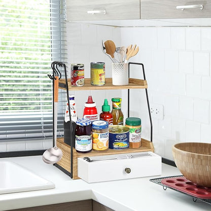 2 Tier Bathroom Counter Organizer with Drawer, Wood Bathroom Storage Shelf Counter for Cosmetic Vanity Tray Kitchen Spice Rack Coffee Station Organizer, Bathroom Decor