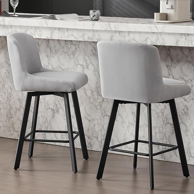 Swivel Bar Stools Set of 2, 26''H Upholstered Barstools with Backs, Modern Counter Height Bar Stool Chairs for Kitchen Island, Metal Legs, Fabric, Light Gray Counter Stools