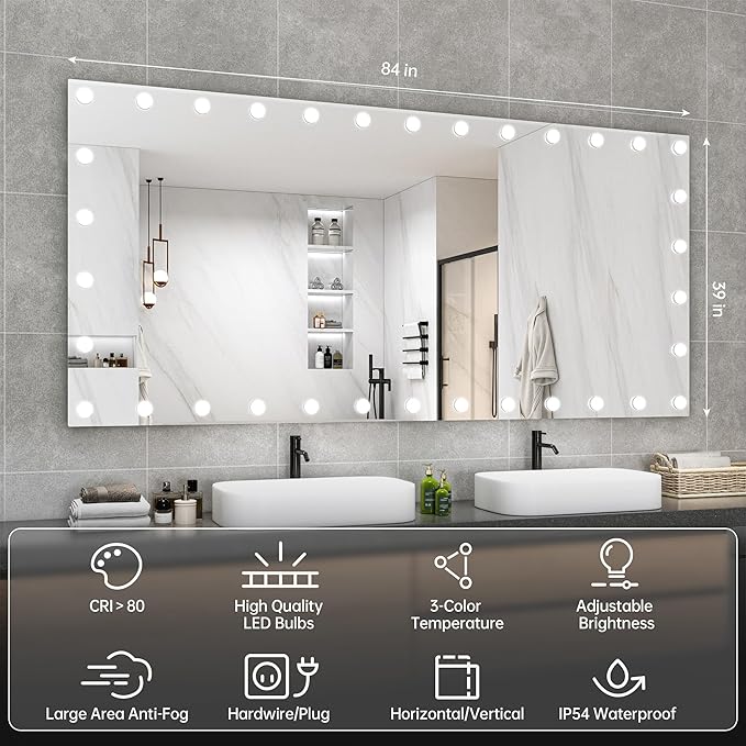 Hasipu LED Bathroom Mirror with Lights, 84" x 40" Hollywood Wall-Mounted Bathroom Mirror with 34 Dimmable Bulbs, 3 Colors Modes, Touch Control, Anti-Fog, Memory Function, Shatter-Proof, ETL Listed
