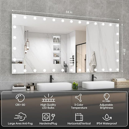 Hasipu LED Bathroom Mirror with Lights, 84" x 40" Hollywood Wall-Mounted Bathroom Mirror with 34 Dimmable Bulbs, 3 Colors Modes, Touch Control, Anti-Fog, Memory Function, Shatter-Proof, ETL Listed