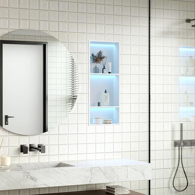 Stainless Steel Shower Niche 12" X 30", No Tile Needed Wall Niche with RGB Led Light, Recessed Shower Shelf for Bathroom Storage Over Mount Installation, Matte White