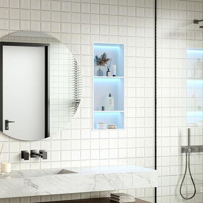 Stainless Steel Shower Niche 12" X 30", No Tile Needed Wall Niche with RGB Led Light, Recessed Shower Shelf for Bathroom Storage Over Mount Installation, Matte White