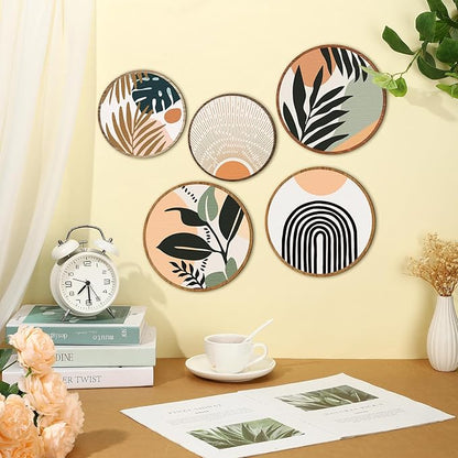 Qunclay 5 Pcs Wall Art Decor Wooden Living Room Wall Decor Bohemian Hanging Farmhouse Geometric 10'' and 8'' Aesthetic Wood Minimalist Posters for Bedroom(Boho, Leaf)