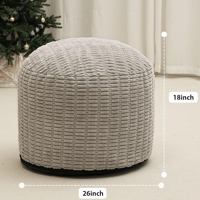 Round Stuffed Pouf Ottoman for Foot Rest, Storage Ottoman Pouf Foot Stool Cushion, Faux Fur Poufs with Foam Chunk Filling, 26 X 18 Inch Floor Chair for Living Room Bedroom Home Decor, Light Gray