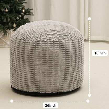 Round Stuffed Pouf Ottoman for Foot Rest, Storage Ottoman Pouf Foot Stool Cushion, Faux Fur Poufs with Foam Chunk Filling, 26 X 18 Inch Floor Chair for Living Room Bedroom Home Decor, Light Gray