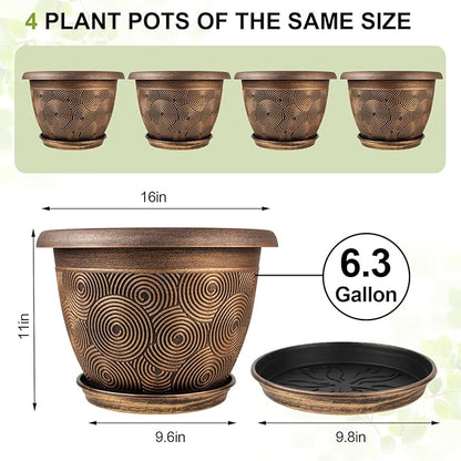 16 Inch Large Planter Pot for Plants Indoor Outdoor, 4 Pack Plastic Flower Pots with Drainage Hole & Tray, Modern Decorative Garden Pot with Saucer, Plant Container for House