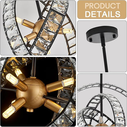 18" Crystal Globe Sputnik Chandelier, 6-Light Black Gold Modern Adjustable Hanging Ceiling Pendant Light Fixture for Entryway Foyer Stairway Bedroom Dining Living Room Hallway