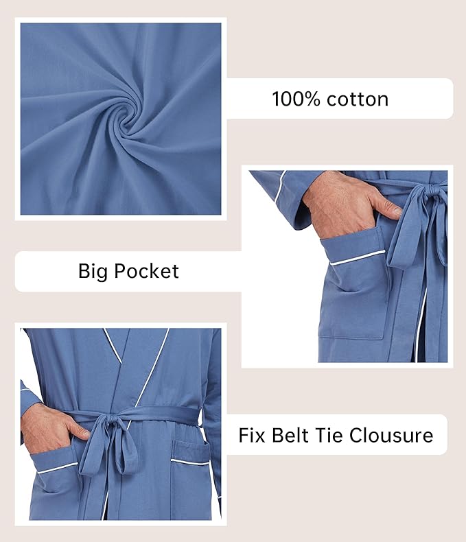 COLORFULLEAF Mens 100% Cotton Robes Lightweight Summer Long Bathrobe Sleepwear Soft Knit Spa Robe with Pockets