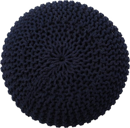 REDEARTH Round Pouf Foot Stool Bean Bag Ottoman - Cable Knitted Cord Boho Pouffe - Poof Accent Bean Bag - Handmade by Artisans for Living Room - Bedroom (19.5"x19.5"x14") - Navy Blue
