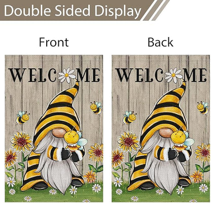 Welcome Summer Gnome Garden Flag Spring Summer Bee Sunflower Yard Flag 12x18 Double Sided Burlap Daisy House Flag for Rustic Seasonal Outside Outdoor House Decoration (ONLY FLAG)
