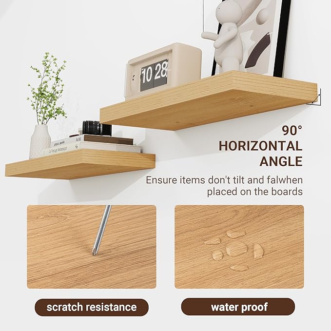 36 Inch Floating Shelves, 3D Textured Wood Grain, 36"x9.25"x1.5" Inch Deep Floating Shelves for Wall, Wooden Shelves for Bathroom, Bedroom, Living Room, Natural, 2 Pieces