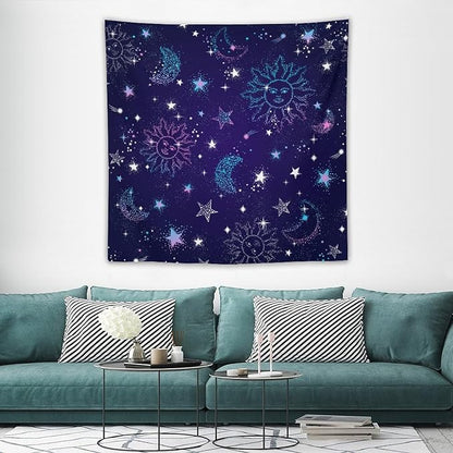 HZOHNAGO Boho Sun Moon Tapestry Purple Blue Sun Stars Galaxy Pattern Printed Wall Tapestry Wall Hanging for Bedroom Living Room Dorm 60" W x 60" H