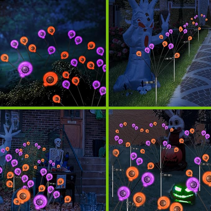 VOTTGO Halloween Solar Lights Outdoor, 8 Pack 48LED Scary Solar Eyeball Pathway Lights, 2 Modes Waterproof Swaying Solar Firefly Lights for Garden Yard Pathway Halloween Decorations, Purple + Orange