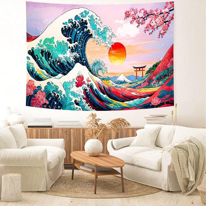 Delur Great Wave Tapestry Japanese Sunset Ocean Sea Wave Off Kanagawa Tapestry Wall Hanging Vintage Asian Anime Cherry Blossom Nature Headboard for Bedroom Living Room Home Decor (70.8" x 92.5")