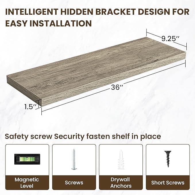 36 Inch Floating Shelves, 12 Inch Deep Floating Shelves for Wall, Floating Shelf with Invisible Brackets, Deep Shelves for Bathroom, Bedroom, Living Room, 2 Pack, Vintage Gray Oak