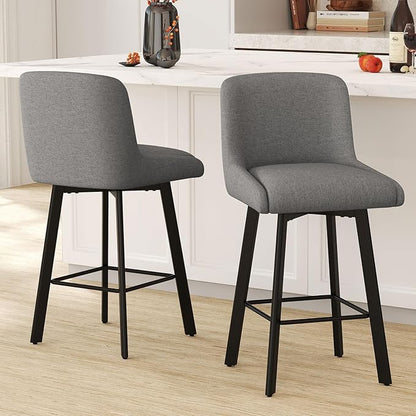 Swivel Counter Height Bar Stools Set of 3, 26''H Upholstered Barstools with Backs, Modern Bar Stool Chairs for Kitchen Island, Metal Legs, Fabric, Gray Stools Counter Chair
