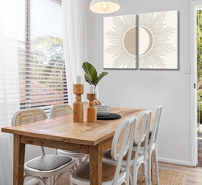 2Pcs Minimalism Boho Canvas Wall art Mid Century Modern Beige and White Sun and Moon Geometric Abstract Painting Pictures Wall Decor Posters Print Artwork for Bedroom Living Room Decoration