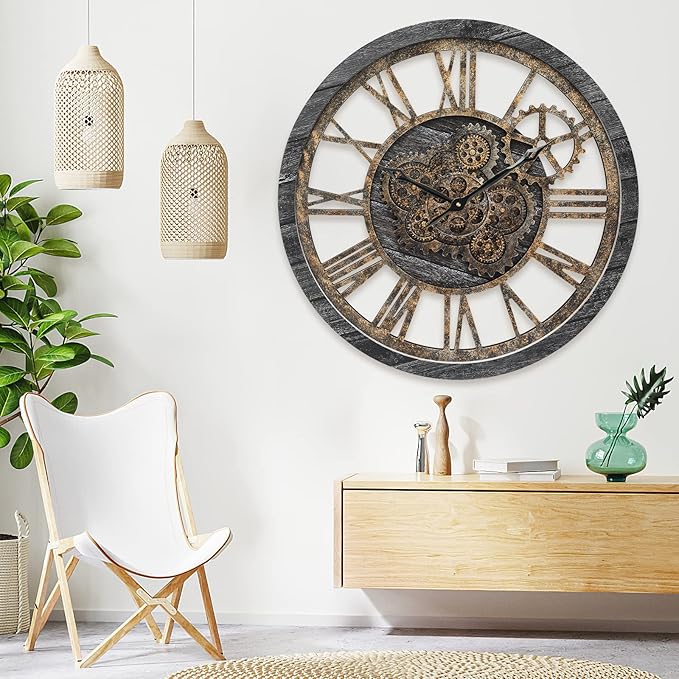 HOIBAI Wall Clock, 24 Inch Moving Gears Clock Large Wall Clock for Living Room Decor Rustic Vintage Industrial Steampunk Farmhouse Big Clock for Home Kitchen Bedroom Office