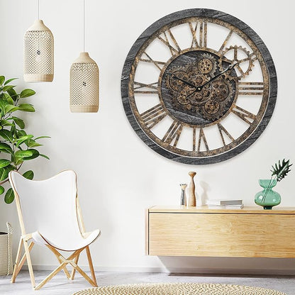 HOIBAI Wall Clock, Large Wall Clocks for Living Room Decor 18 Inch Battery Operated Silent Non-Ticking Modern Farmhouse Vintage Roman Big Wall Clock for Home Bedroom House Office, Moving Gears Clock