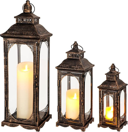TRIROCKS Set of 3 Vintage Candle Lanterns 10/14/19.5''H Decorative Outdoor Lantern Metal Candle Holder with Tempered Glass for Home Living Room Garden Yard Event Indoor Outdoor (Black with Gold Brush)