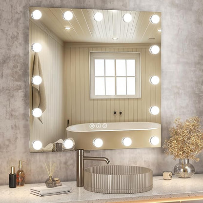 Hasipu LED Bathroom Mirror with Lights, 32" x 32" Hollywood Wall-Mounted Bathroom Mirror with 16 Dimmable Bulbs, 3 Colors Modes, Touch Control, Anti-Fog, Memory Function, Shatter-Proof, ETL Listed