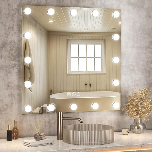 Hasipu LED Bathroom Mirror with Lights, 32" x 32" Hollywood Wall-Mounted Bathroom Mirror with 16 Dimmable Bulbs, 3 Colors Modes, Touch Control, Anti-Fog, Memory Function, Shatter-Proof, ETL Listed