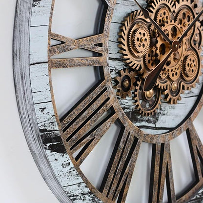 The Gears Clock 36'' Inch Real Moving Gear Wall Clock Vintage Industrial Oversized Rustic Farmhouse (Vintage Grey and White)