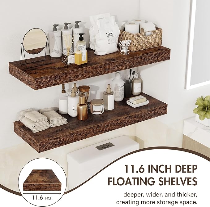 40 Inch Floating Shelves, 12" Deep Floating Shelf Wall Mounted, 40" Wall Shelves, Rustic Deep Bookshelf, Extra Deeper & Thicker Display Shelves for Bedroom, Living Room, Brown, Set of 2