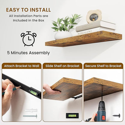 36 Inch Floating Shelves, 9.3 Inch Deep Rustic Wall Shelves - Extra Deeper Wall Mounted Storage Shelves for Bathroom, Kitchen, Living Room (Brown, Set of 2)