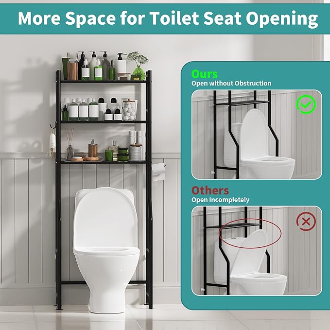 3-Tier Over The Toilet Storage with Paper Holder, Metal Bathroom Organizers and Storage for Small Space, Freestanding Bathroom Shelves with 4 Hooks, Above The Toilet Storage Shelf, Black