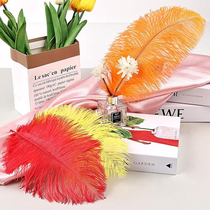 THARAHT Red Orange Yellow Ostrich Feathers 24pcs Natural Bulk 8-10Inch 20cm-25cm for Crafts Wedding Party Centerpieces Halloween and Home Decoration Feathers