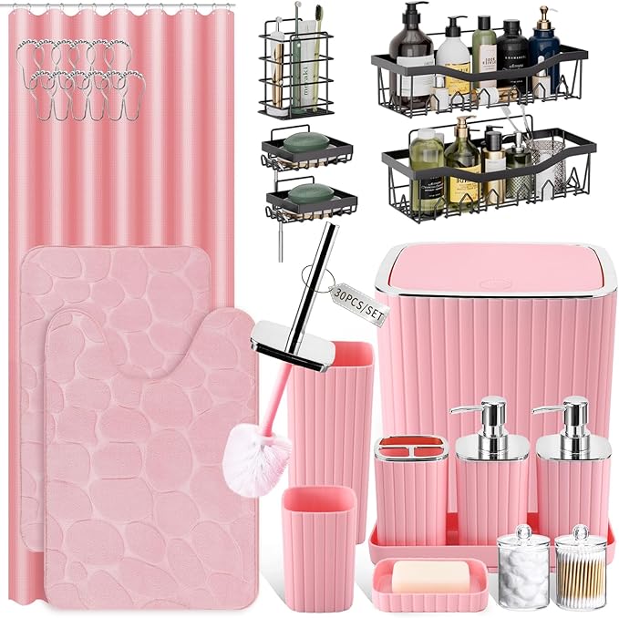 30PC Bathroom Accessories Set - Gorgeous Pink Bathroom Set, Bathroom Accessory Set, Pink Shower Curtain Set with 5PC Shower Caddy