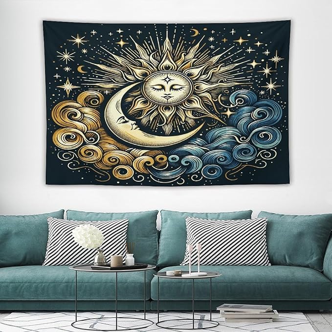 HZOHNAGO Sun Moon Tapestry Boho Golden Stars Pattern Printed Wall Tapestry Wall Hanging for Bedroom Living Room Dorm 90" W x 60" H