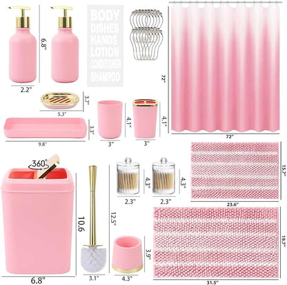 25PCS Pink Bathroom Accessories Sets Complete, with Shower Curtain, Rugs, Trash Can and Toilet Brush, Toothbrush Holder and Cup, Soap Dispenser, Soap Dish, Qtip Holder, Bathroom Decor Sets