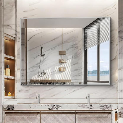 Silver Bathroom Mirror, 48"X36" Rectangle Mirrors for Wall Metal Frame, Bathroom Rectangular Mirror Modern Wall Mirror for Bedroom Living Room, Hangs Horizontal or Vertical