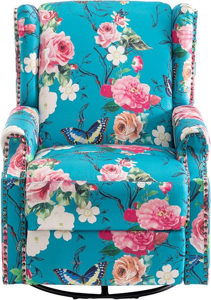 UIXE Swivel Rocker Manual Recliner Chair, Wingback Swivel Glider Fabric Nursery Reclining Sofa Chair, High Back Upholstered Arm Chair for Living Room Bedroom - Peacock Blue