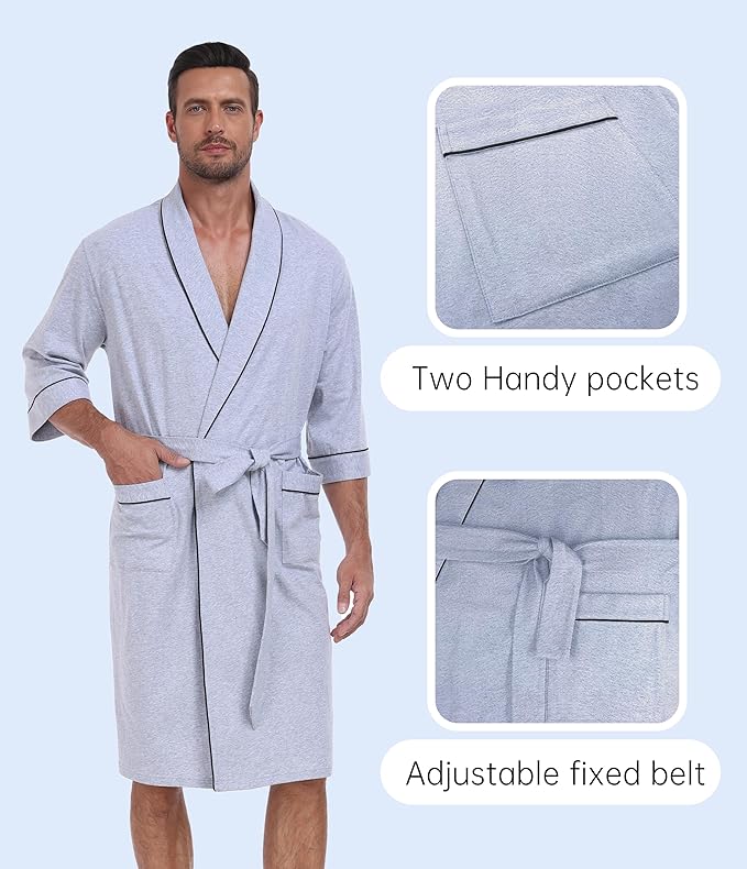 CF Men's Robe Cotton Bathrobe Soft Short Sleeve Bath Robes Shower Robe for Spa Soft Kimono Lightweight Sleepwear with Pockets