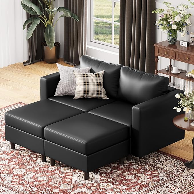 ABCASA 64.6" Faux Leather Loveseat Sleeper Sofa Bed with Storage Seat, Modern Modular Sectional Couch Deep Seat with Reversible Chaise 2-Seat Black for Apartment, Living Room, Bedroom