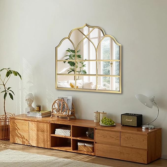 Window Mirror Pane Scalloped, Wide Arched Gold Mirrors Decorative, Cathedral Arch Wall Decor with Metal Windowpane Grid for Mantle Entryway Fireplace Hallway Living Room
