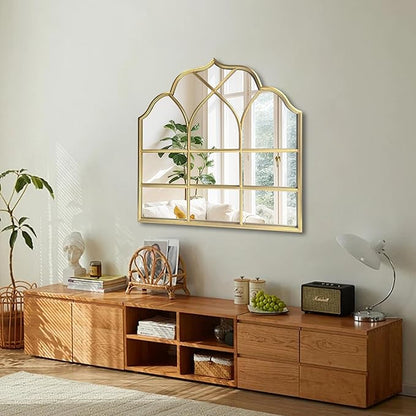 Window Mirror Pane Scalloped, Wide Arched Gold Mirrors Decorative, Cathedral Arch Wall Decor with Metal Windowpane Grid for Mantle Entryway Fireplace Hallway Living Room