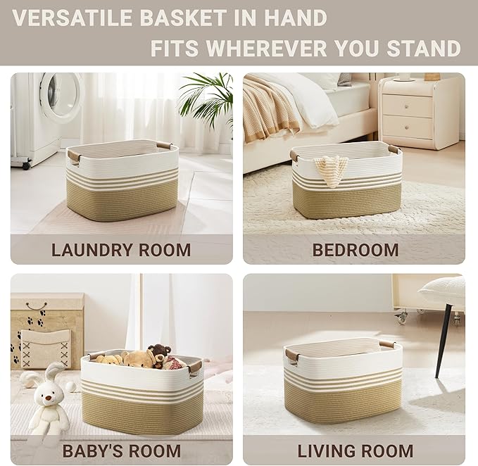 45L Small Laundry Basket with Leather Handles for Living Room Storage, Woven Rope Baskets Bin for Blanket, Kids Toy, Gifts, Wicker Hamper for Bedroom Dirty Clothes, 18"x14"x11" Khaki