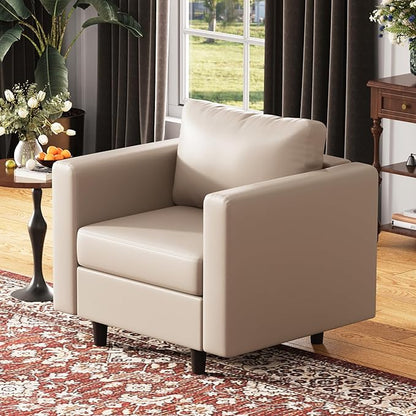 ABCASA Faux Leather Single Sofa, Modern Accent Chair Whitesand with Storage Deep Seat Large Reading Armchair for Living Room Bedroom Office