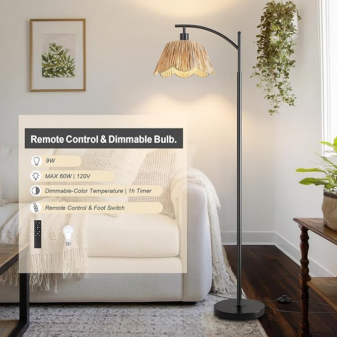 Oneach Arc Floor Lamp for Living Room with 3 Color Temperatures, Rattan Boho Floor Lamp with Hand-Woven Wicker Shade,Farmhouse Floor Lamps with Remote & Dimmable Bulb, Suitable for Bedroom（Black）