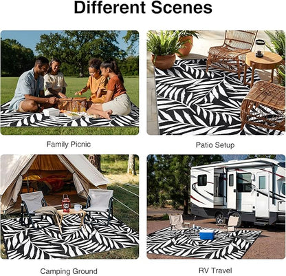 OLANLY Waterproof Outdoor Rug 9x12 ft, Reversible Outdoor Plastic Straw Rug with Leaf Pattern, RV Mat, Indoor Outdoor Carpet for Patio, Camping, Balcony, Deck, Backyard, Black & White