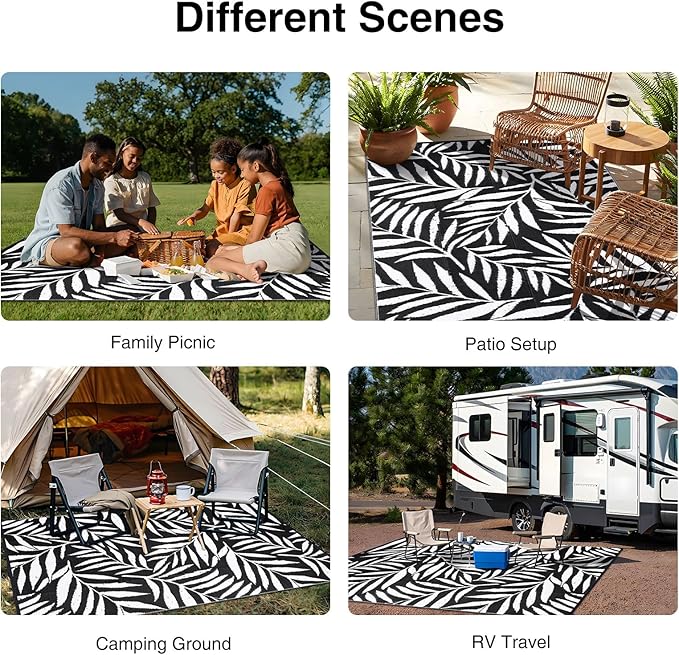 OLANLY Waterproof Outdoor Rug 8x10 ft, Reversible Outdoor Plastic Straw Rug with Leaf Pattern, RV Mat, Indoor Outdoor Carpet for Patio, Camping, Balcony, Deck, Backyard, Black & White